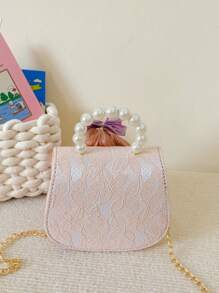 Fashionable Embroidered Cartoon Little Girl With Faux Pearl Decor Handheld Saddle Bag For Kids - Pink - View 3