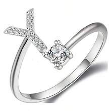 1件925銀可調節開口戒指,配有閃亮人造鑽石和26個字母a-z設計,適合女性日常穿著 - A - 查看 21