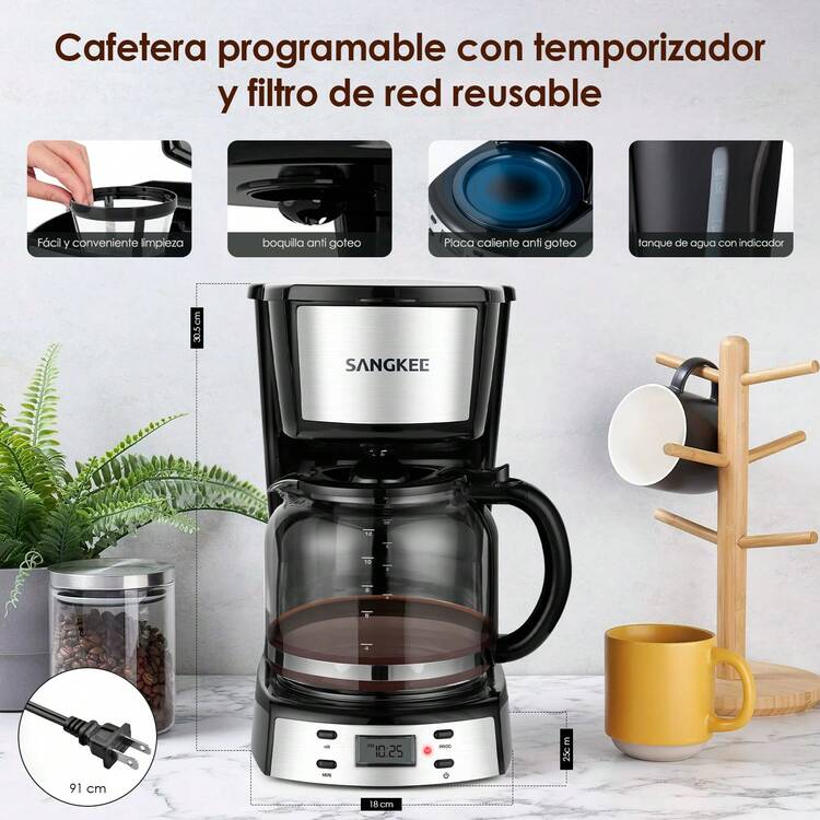 12-Cup Coffee Maker With 24-Hour Programmable Timer, 1.8L Drip Coffee Maker, Permanent Filter, Hot Plate, Anti-Drip System, Keeps Coffee Hot For Up To Two Hours, 900W - 黑色 - 查看 7