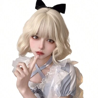 alicegarden 1 Bộ tóc giả bằng vàng chịu nhiệt tổng hợp ngắn 12 inch có tóc mái, được làm bằng sợi, thích hợp để sử dụng hàng ngày, Bộ tóc giả trông tự nhiên và chân thực (không bao gồm Phụ kiện)