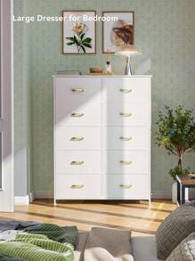 GINRGINR 10 Drawers Tall Fabric Dresser for Bedroom, Storage Tower White Dresser Organizer for Closet, Accent Drawer Dresser with Woodtop, Chest of Drawers for Bedroom, Living Room, Nursery, Office, Chest of Drawers with Metal Handle, Leather Finish, Wood Top, Glacier White, 33.7" W x 11.8" D x 47.2" H - trắng - Xem 3