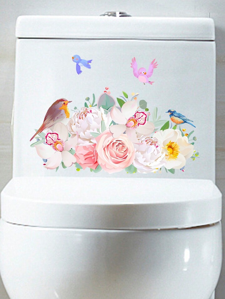 Three Rabbits Toilet Cover Sticker Decals,Flower Leaf Bird