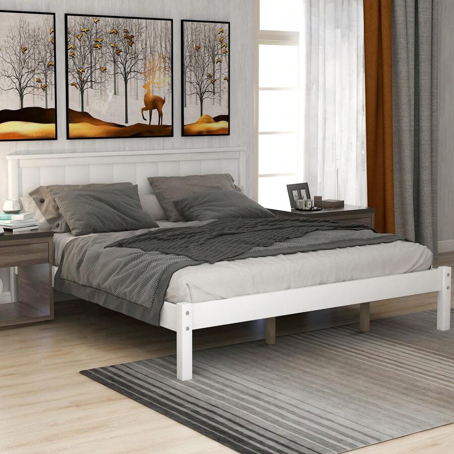 Nestfair Queen Wooden Platform Bed with Headboard and Wood Slat Support