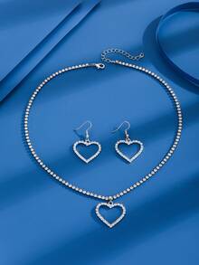 2pcs/Set Heart Shaped Diamond Decorated Simple & Casual European And American Women's Necklace & Earrings - Gold - View 3