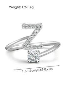 1件925銀可調節開口戒指,配有閃亮人造鑽石和26個字母a-z設計,適合女性日常穿著 - A - 查看 3