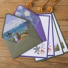 16個/套油畫圖案信封和信紙套裝,包括6個信封和10張紙 - 墨綠色 - 查看 4