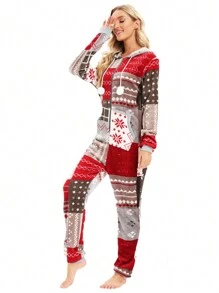 女士聖誕萬聖節法蘭絨連帽連體睡衣，家居穿著 - 彩色 - 查看 3