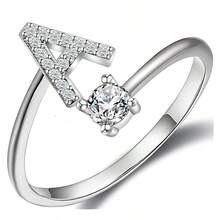 1件925銀可調節開口戒指,配有閃亮人造鑽石和26個字母a-z設計,適合女性日常穿著 - A - 查看 5