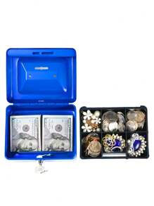 Small Cash Box With Lock And Coin Piggy Slot - 藍色 - 查看 2