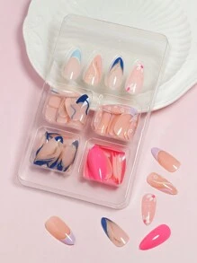 VV MEI JIA ER 96入組(4款式)長款壓克力假指甲-金色波浪法式壓克力假指甲，杏仁形膠指甲，可重複使用的柔軟凝膠貼式假指甲，附12款尺寸的指甲膠，女性金色法式指甲套裝搭配禮品盒&1張膠帶&1隻指甲銼，美甲用品 - 彩色 - 查看 2