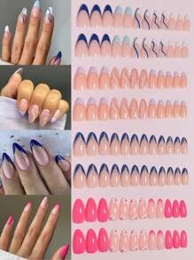 VV MEI JIA ER 96入組(4款式)長款壓克力假指甲-金色波浪法式壓克力假指甲，杏仁形膠指甲，可重複使用的柔軟凝膠貼式假指甲，附12款尺寸的指甲膠，女性金色法式指甲套裝搭配禮品盒&1張膠帶&1隻指甲銼，美甲用品 - 彩色 - 查看 1