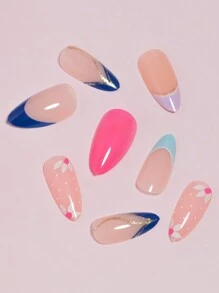 VV MEI JIA ER 96入組(4款式)長款壓克力假指甲-金色波浪法式壓克力假指甲，杏仁形膠指甲，可重複使用的柔軟凝膠貼式假指甲，附12款尺寸的指甲膠，女性金色法式指甲套裝搭配禮品盒&1張膠帶&1隻指甲銼，美甲用品 - 彩色 - 查看 3