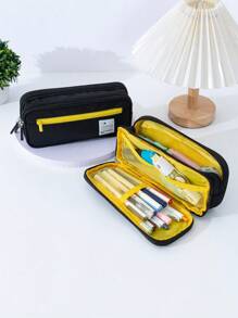 1入組貼布裝飾文具簡約風雙層筆包適用於學生文具收納 - 黑色 - 查看 1