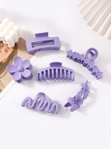 6pcs Matte Sweet Color Flower Shaped Hair Claw Clip, Random Color - Purple - View 1