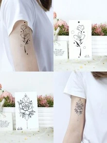 10入組美麗、性感、極簡風格的花朵設計防水臨時紋身貼紙,適用於女性,適用於手臂、鎖骨、腹部、頸部