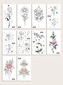 10入組美麗、性感、極簡風格的花朵設計防水臨時紋身貼紙,適用於女性,適用於手臂、鎖骨、腹部、頸部