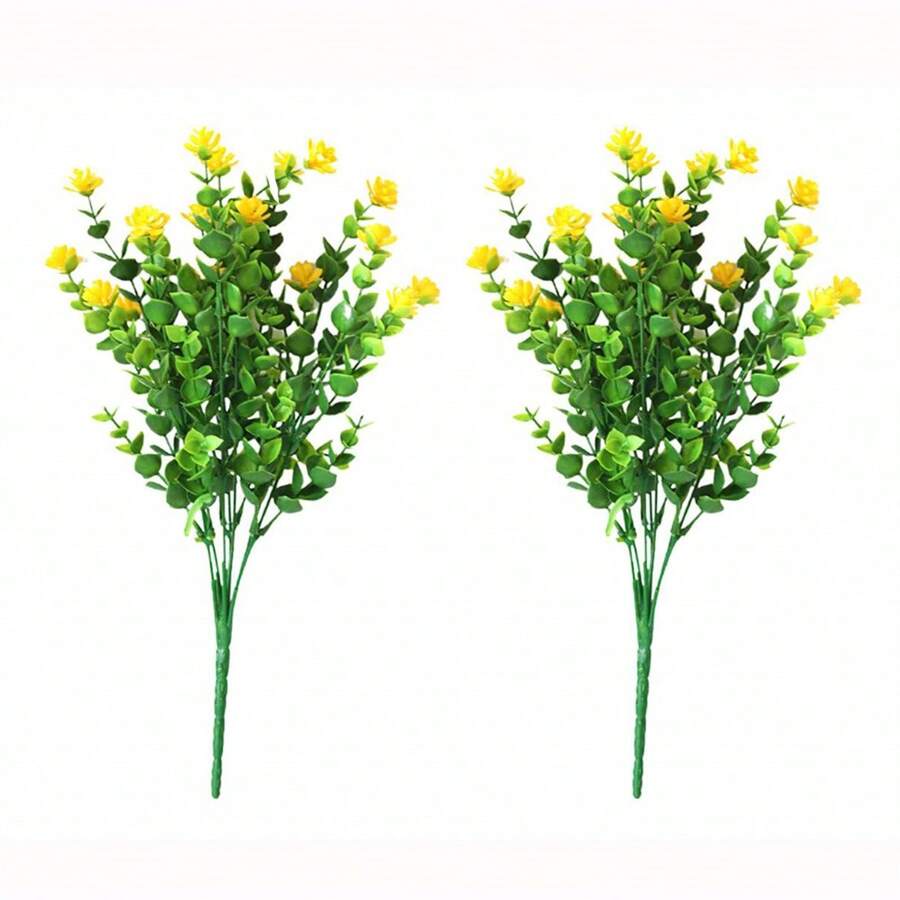 2入組黃色人造花,7枝尤加利葉茶薔薇塑料花。適用於室內室外裝飾,掛在花盆中,家庭/辦公室裝飾,婚禮裝飾,農舍裝飾 - 黃色 - 查看 1