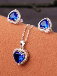 3pcs/Set Solid Color Heart Shaped Zirconia Earrings, Necklace & Pendant Set, 5 Colors Available Valentines