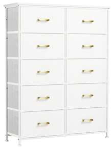 GINRGINR 10 Drawers Tall Fabric Dresser for Bedroom, Storage Tower White Dresser Organizer for Closet, Accent Drawer Dresser with Woodtop, Chest of Drawers for Bedroom, Living Room, Nursery, Office, Chest of Drawers with Metal Handle, Leather Finish, Wood Top, Glacier White, 33.7" W x 11.8" D x 47.2" H - trắng - Xem 8
