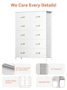 GINRGINR 10 Drawers Tall Fabric Dresser for Bedroom, Storage Tower White Dresser Organizer for Closet, Accent Drawer Dresser with Woodtop, Chest of Drawers for Bedroom, Living Room, Nursery, Office, Chest of Drawers with Metal Handle, Leather Finish, Wood Top, Glacier White, 33.7" W x 11.8" D x 47.2" H - trắng - Xem 4