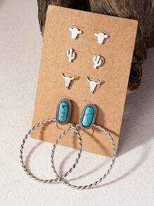 5 Pairs Turquoise Stone Decor Concho Western Stud Earrings Set for Women - flower shape - View 7