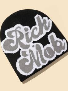 Street款女士字母提花針織毛帽，帽頂飾有毛球，適合日常穿著 - 黑色 - 查看 2