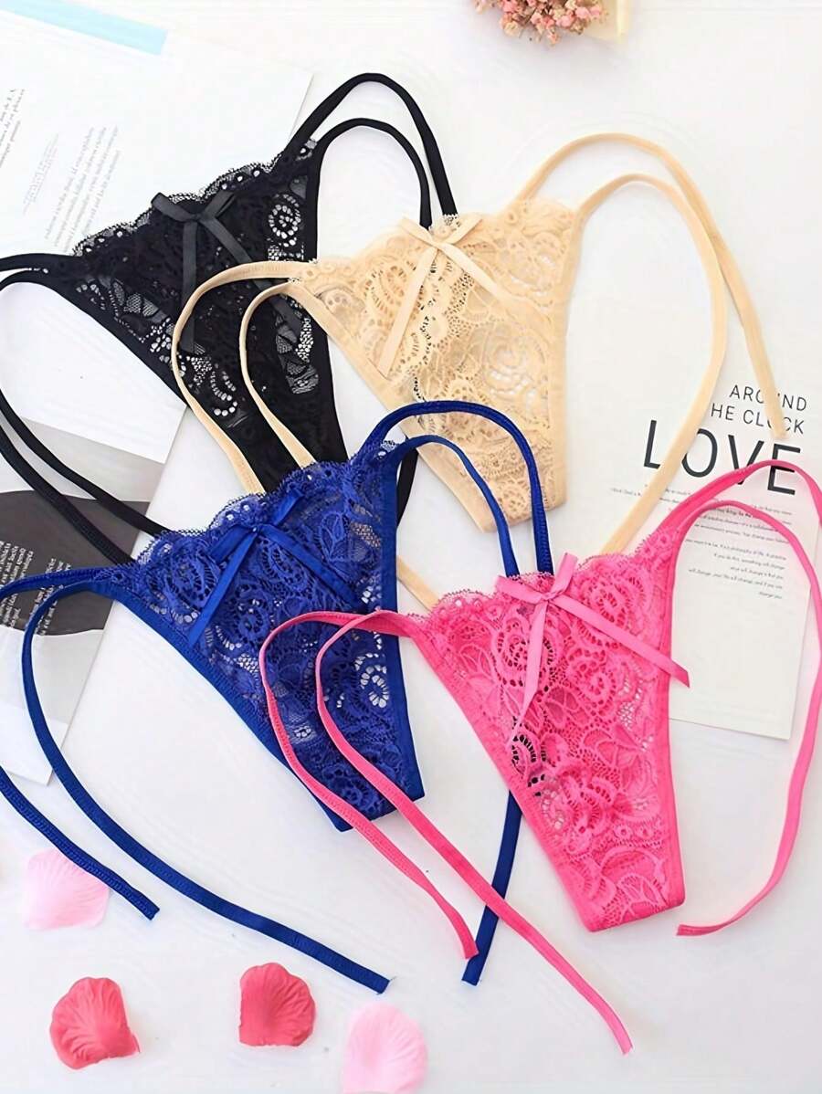 性感女性蕾絲丁字褲內衣三角褲私密內衣t型後褲超薄款4入組