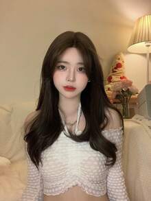 alicegarden The front lace is long and naturally wavy, and the wig is split in the middle. T-shaped lace 13*4*1 brown 22-inch semi-woven daily natural smooth realistic wig (including lace stickers and hairnets). - Brown - View 5