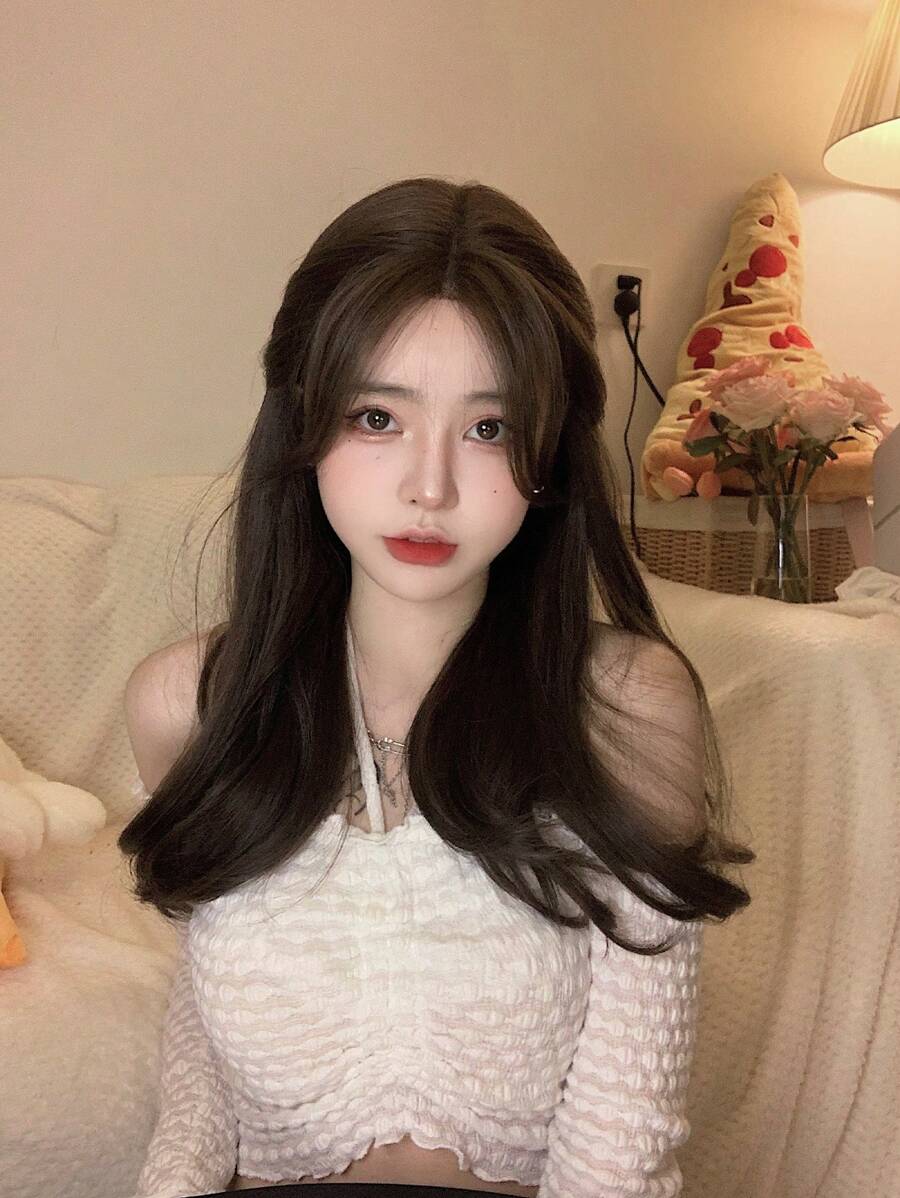 alicegarden The front lace is long and naturally wavy, and the wig is split in the middle. T-shaped lace 13*4*1 brown 22-inch semi-woven daily natural smooth realistic wig (including lace stickers and hairnets). - Brown - View 1