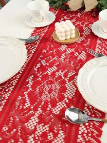 1 件復古風格紅色蕾絲編織桌旗適合節慶場合、派對、餐桌裝飾 - 紅色 - 查看 3