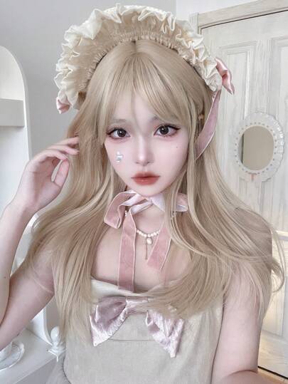 alicegarden 1pc 22-inch Synthetic Heat-resistant Straight Hair Wig With Bangs In Gold Color, Made Of Fiber, Suitable For Daily Use, Natural And Realistic Wig