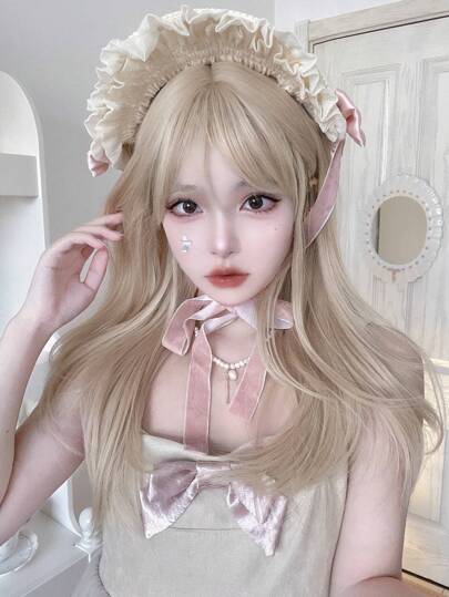 alicegarden 1pc 22-inch Synthetic Heat-resistant Straight Hair Wig With Bangs In Gold Color, Made Of Fiber, Suitable For Daily Use, Natural And Realistic Wig