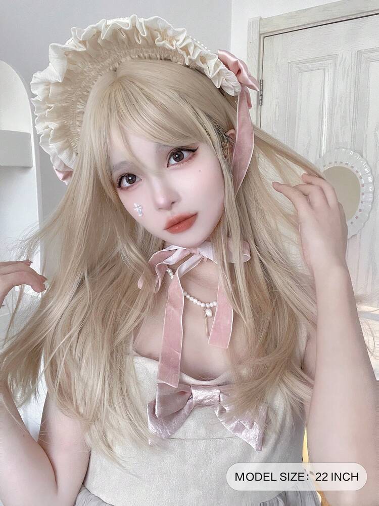 alicegarden 22-Inch Long Synthetic Wig Featuring A Natural Straight Style A Stunning Gold. Designed With Bangs , It Is Crafted From Heat-Resistant Fiber To Ensure Durability. This False Hairpiece Is Perfect For Ms Daily Perfect For Parties, Role-Play And Gatherings Use, Offering A Natural And Realistic Appearance That Mimics It Is Also A Gift For Women. (Excluding Accessories)