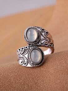 1入組鋅合金鍍古董銀黑色寶石戒指,情侶戒指 - 淺藍色 - 查看 1