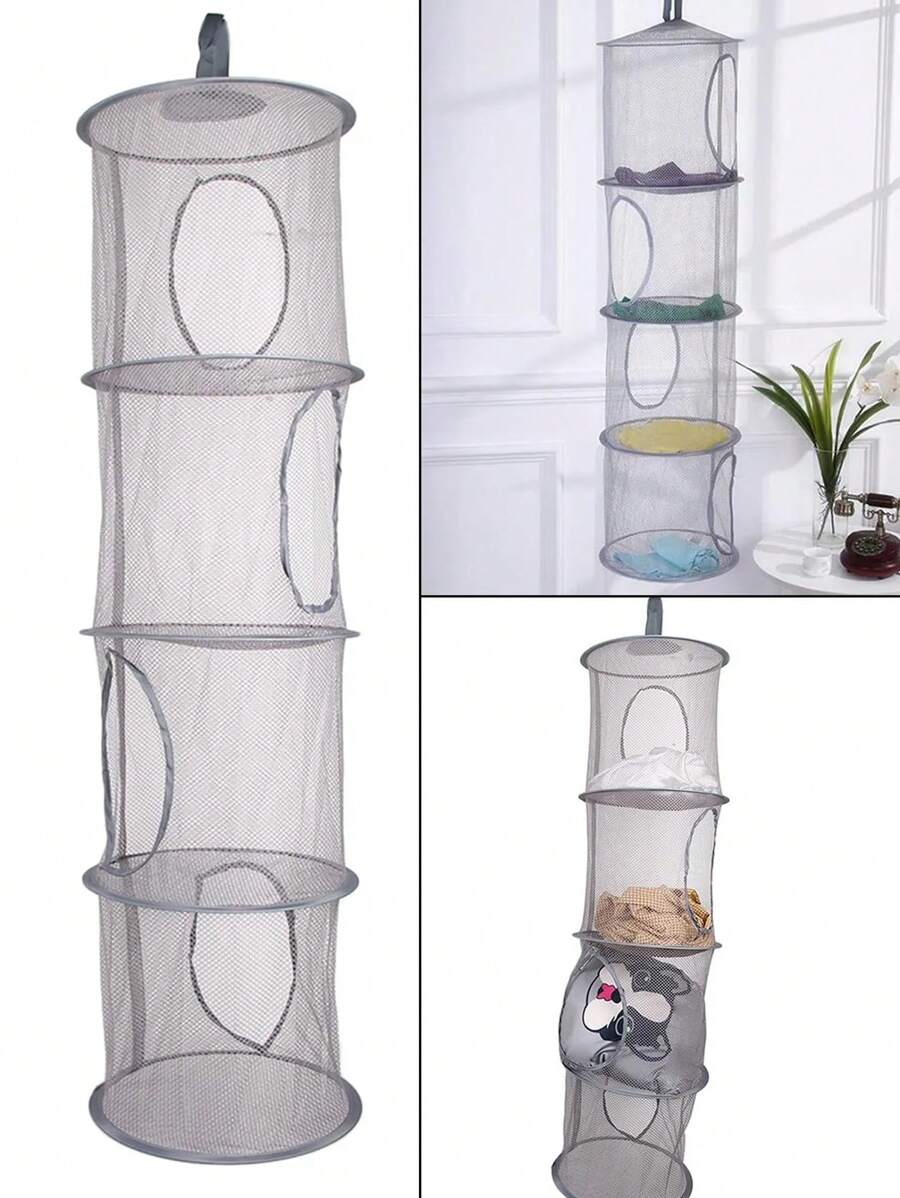 1入摺疊式圓柱形掛式收納籃收納籃櫃,內可收納玩具、衣物、襪子、內衣褲、浴巾等,適用於家居臥室浴室,網灰色4層 - 灰色 - 查看 1