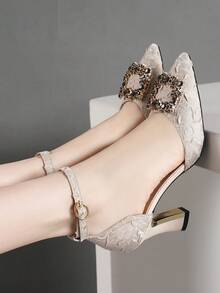 Giày cao gót mũi nhọn trang trí bằng kim cương giả thời trang có dây đeo mắt cá chân - Màu be - Xem 3