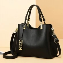 黑色软皮立体包时尚便携托特包大容量通勤手提包可斜挎适合女性日常使用简约百搭。 - 黑色 - 查看 3