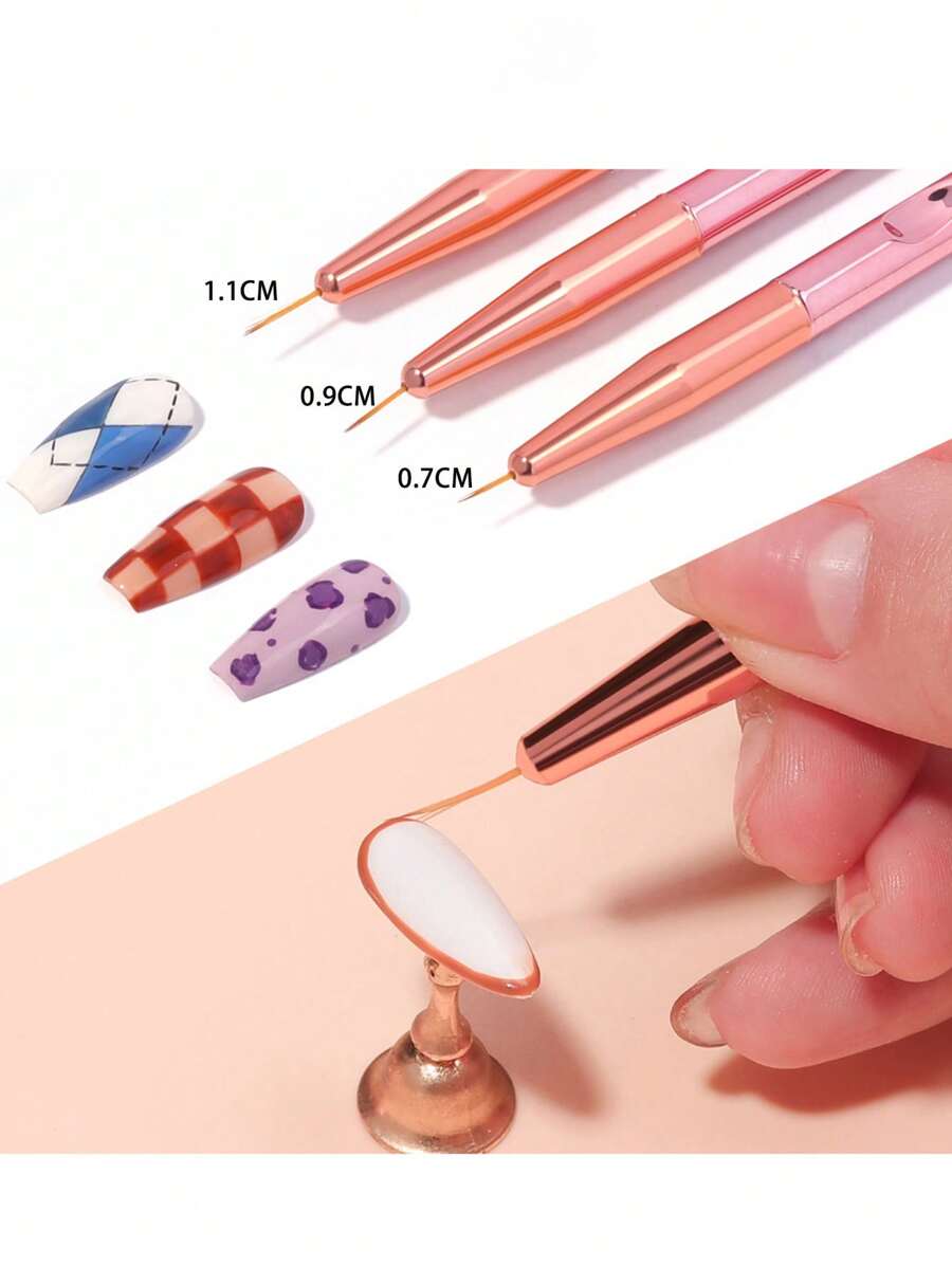 3入組新款日式指甲藝術細刷,玫瑰金電鍍手柄,適用於繪製花卉和裝飾,方便清理指甲及繪製線條點綴 - 金色 - 查看 1