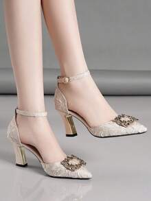 Giày cao gót mũi nhọn trang trí bằng kim cương giả thời trang có dây đeo mắt cá chân - Màu be - Xem 1