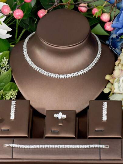 1套經典的立體氧化鋯&葉子設計珠寶套裝,非常適合作為女士派對禮物