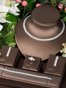 1套經典的立體氧化鋯&葉子設計珠寶套裝,非常適合作為女士派對禮物 - 銀色 - 查看 3