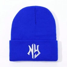 1入組中性皇家藍字母刺繡針織無舌平口帽,冬季保暖 - 寶藍色 - 查看 1