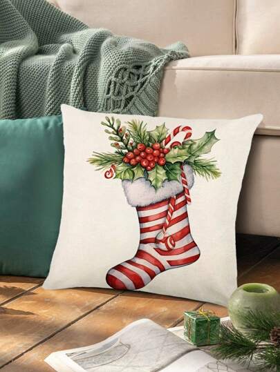 1pc Linen Fabric Christmas Stocking Pattern Decorative Pillow Cover (without Pillow Insert), 45cm*45cm/17.72 In*17.72in, One-sided Printing, Zipper Closure, Soft & Comfortable, Suitable For Christmas Festival Decoration