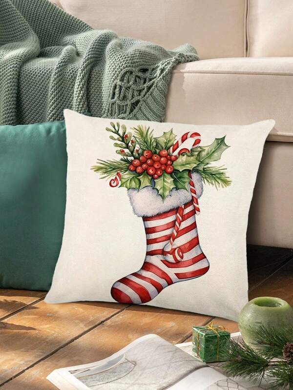 1pc Linen Fabric Christmas Stocking Pattern Decorative Pillow Cover (without Pillow Insert), 45cm*45cm/17.72 In*17.72in, One-sided Printing, Zipper Closure, Soft & Comfortable, Suitable For Christmas Festival Decoration