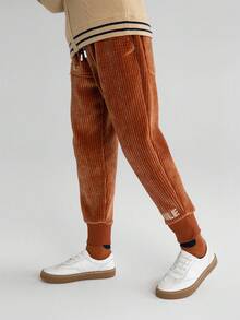 Annil 男童針織長褲冬季學生舒適保暖的灰色灰色斜紋粗棉布休閒長褲 - 棕色 - 查看 3