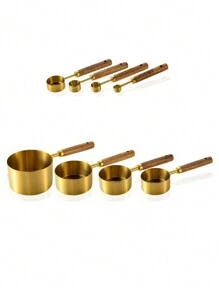 Ensemble De 8 Tasses Et Cuillères À Mesurer, 4 Tasses À Mesurer Et 4 Cuillères En Acier Inoxydable Doré Avec Manche En Bois, Cuisine/nourriture/liquide/cuisson, Gadget De Cuisine À Mesurer Délicat (or)
