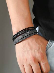 1pc Men's Multi Layer Pu Leather Braided Bracelet For Stacking - Black - View 5