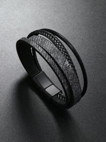 1pc Men's Multi Layer Pu Leather Braided Bracelet For Stacking - Black - View 1