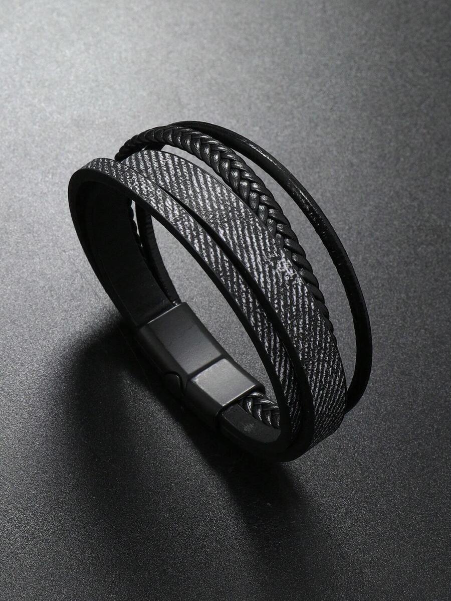 1pc Men's Multi Layer Pu Leather Braided Bracelet For Stacking - Black - View 1