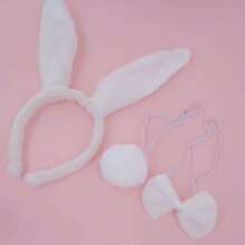 3件套赛马节女士装扮派对夜店可爱毛绒兔耳朵头饰领结尾巴套装舞会万圣节 - 白色 - 查看 1